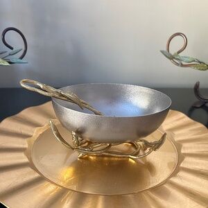Stunning Michael Aram Sculpted Silver and Gold Tone Nut Bowl with Spoon